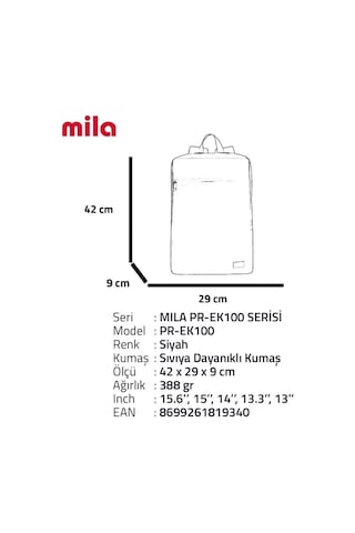 Classone Mila Pr-ek100 15,6' Su Geçirmez Kumaş Fermuar Okul Sırt Çantası Siyah