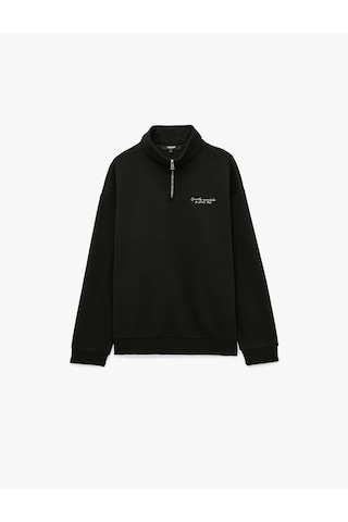 Koton Uzun Kollu Üç İplik Şardonlu Rahat Kalıp Baskılı Yarım Fermuarlı Yaka Sweatshirt Siyah 7wam70262mk