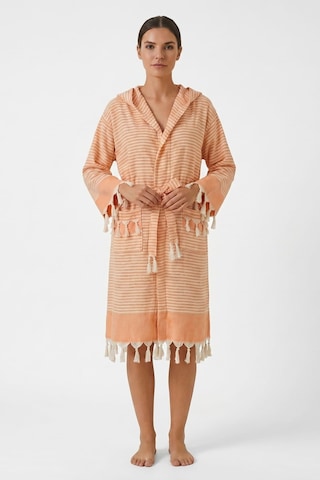 Kapşonlu Unisex Peştemal Plaj Bornozu %100 Pamuklu Seaside Stripe Turuncu