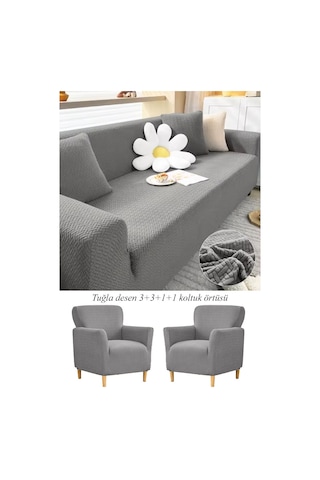 Upmall Tuğla Desen Koltuk Örtüsü Çekyat Kılıfı 3311 Takım Gri