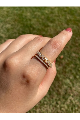 İki Sıra Taşlı Gold Kadın Zarif Yüzük Sevgiliye Hediye Altın