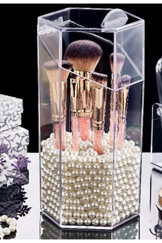 Flosoft Altıgen Fırçalık, Kapaklı Fırça Düzenleyici, Makyaj Kozmetik Takı Organizer Şeffaf