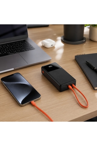 30.000mah Dahili Usb-c + Lightning Kablolu Powerbank Lcd Göstergeli Taşınabilir Hızlı Şarj Cihazı-1666 Siyah