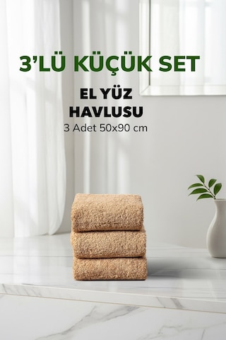 3 Lü Çizgili Bej Renk Yumuşak Pamuk El Yüz Havlusu Seti 50x90 Cm