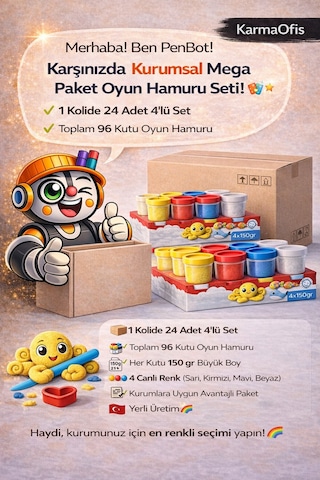 Kidz 24 Lü 4x150 Gr Büyük Boy Oyun Hamuru Koli Toplam 96 Kutu 4 Renk Kurumsal Mega Paket Beyaz
