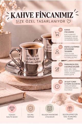Premium Silver 2'li Türk Kahvesi Fincanı 4 Parça Kişiye Özel Tasarım Fotoğraf Logo İsim Baskılı Silver Gümüş Premium Silver 2'li Türk Kahvesi Fincanı 4 Parça Kişiye Özel Tasarım Fotoğraf Logo İsim Baskılı Silver Gümüş
