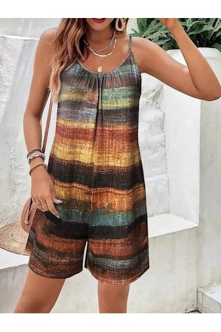 Defymoda Kadın Ip Askılı Yuvarlak Yakalı Cepli Desenli Kısa Süprem Tulum Turuncu