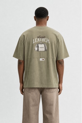 Respire Erkek Leather Baskılı Oversize T-shirt Haki