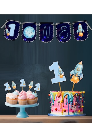 Uzay Temalı 3 Lü Set One 1 Yaş Doğum Günü Süsü