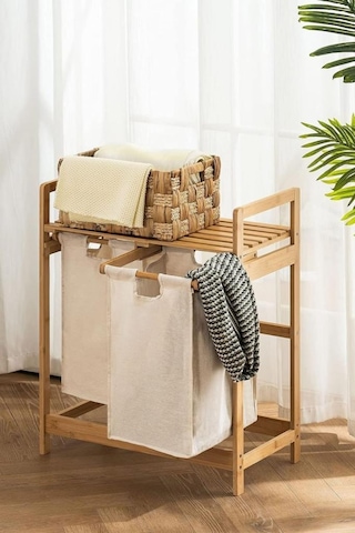 Digithome Bambu 2 Bölmeli Kirli Sepetli Çamaşır Sepeti Raflı Banyo Düzenleyici Db-0007 Ahşap