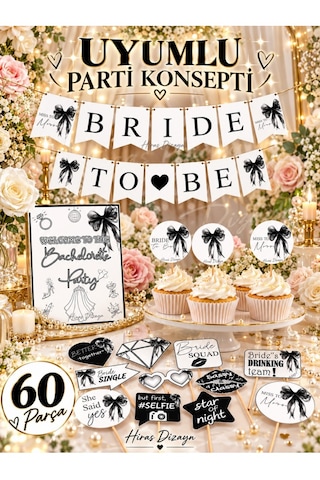 Hiras Dizayn Siyah Fiyonk Bride To Be Bekarlığa Veda Parti Süsleme Seti 60 Parça