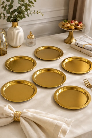 6 Lı Gold Metal Sunum Tepsisi Servis Tepsi İkramlık Sunumluk Fincan Kahve Tepsi 23cm