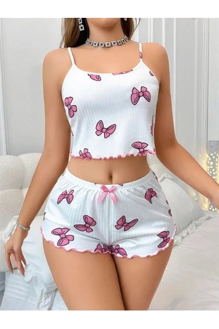 Atyticaret Kadın Pamuklu Beyaz Üstüne Pembe Kurdela Desenli Fitilli Askılı Şortlu Pijama Takımı