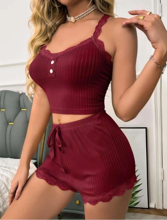 Arias Closet Bordo Dantel İşlemeli Fitilli Askılı Şortlu Pijama Takımı Bordo