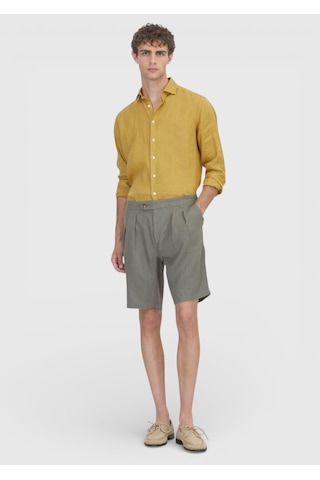 Ramsey Haki Düz Dokuma Carrot Fit Casual %100 Keten Bermuda