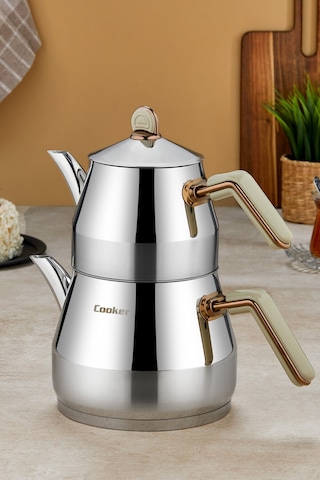 Everest 18/10 Paslanmaz Çelik Orta Boy Çaydanlık 0,75 L Demlik 1,75 L Alt Hazne Krem