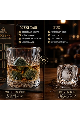 Perlotus Mermer Viski Taşı Seti 6 Adet Soğutma Keseli Sertifikalı Mermer Buz Küpleri Hediyelik Özel Kutusunda Yeşil