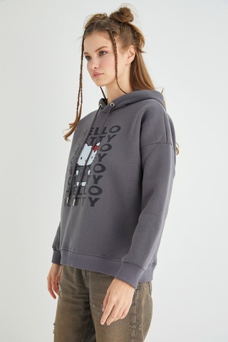 Hello Kitty Lisanslı Baskılı Kapüşonlu Kalın Fit Sweatshirt Renkli