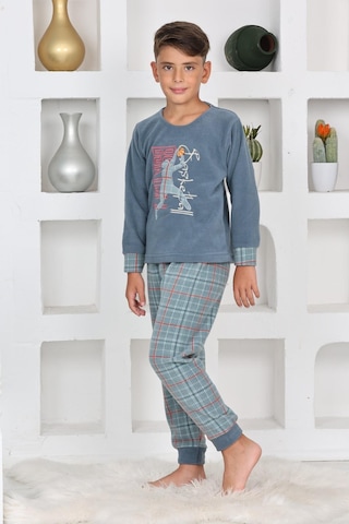 Yeni Sezon Sonbahar/kış Erkek Çocuk Basketball Desenli Polar Pijama Takımı 4530 Petrol Mavisi