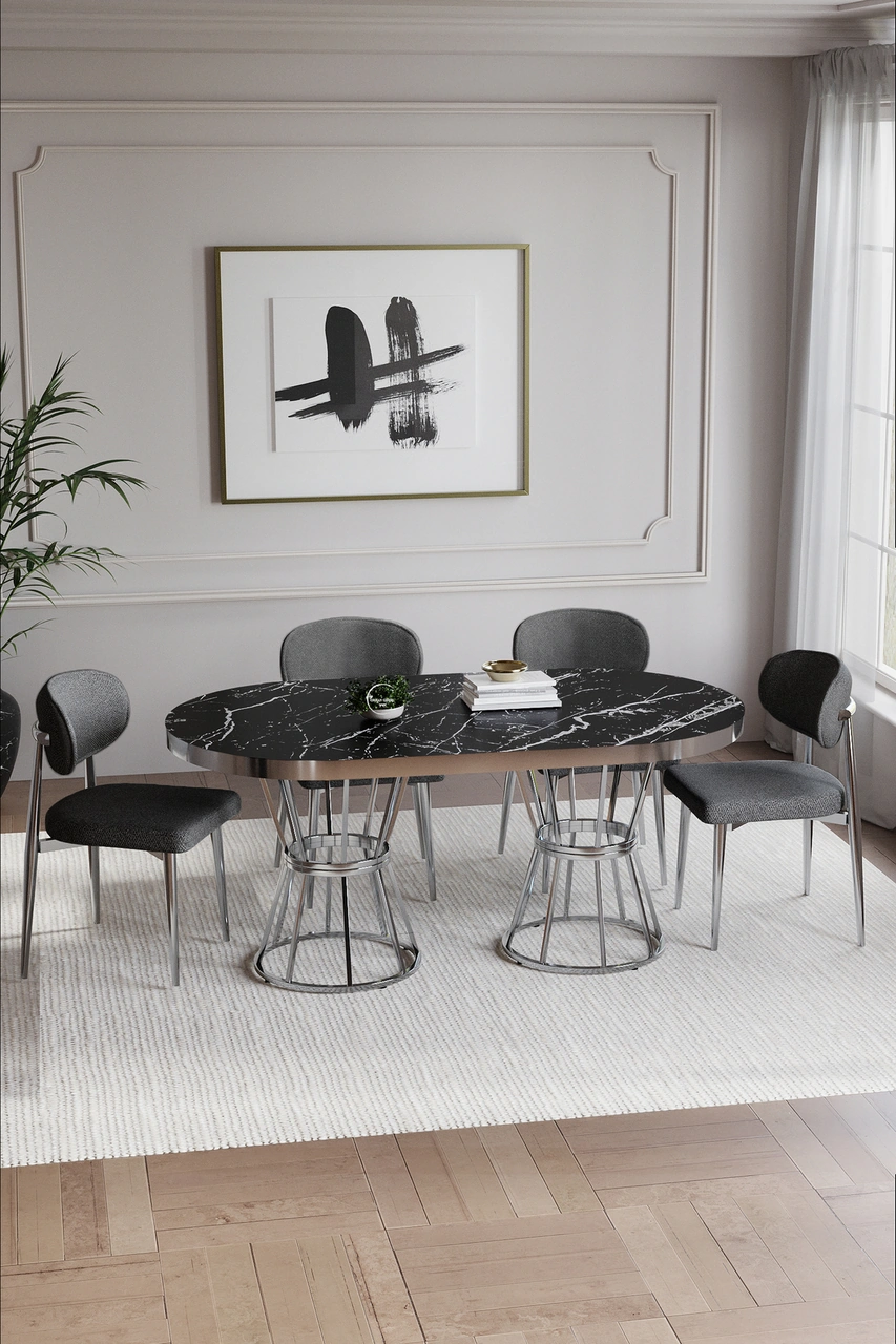 Bohem Polo Mutfak Masası Takımı 4 Sandalyeli Gümüş Gri