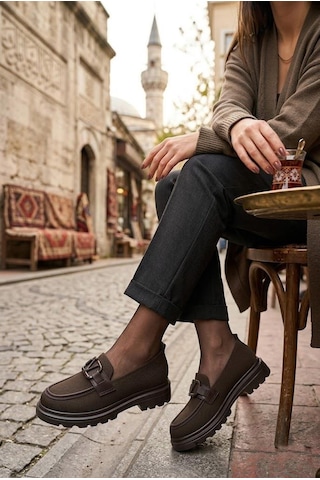 Fort Ventes 346800 Rahat Toka Aksesuarlı Triko Loafer Kadın Ayakkabı Kahverengi
