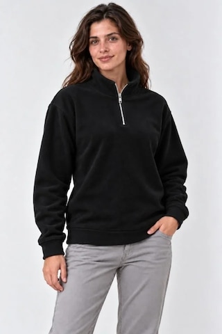 N11 Polar Dik Yaka Yarım Fermuarlı Uzun Kollu Regular Fit Kışlık Sweatshirt - Siyah