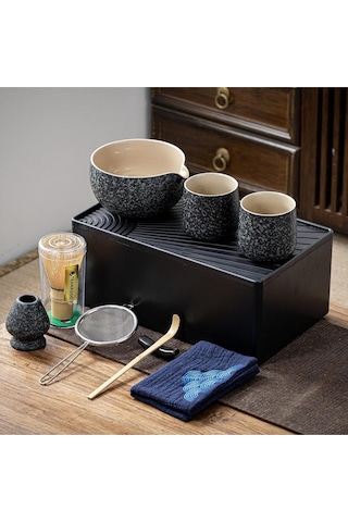 Saklama Kutulu 12 Parça Seyahat Matcha Çayı Seti, Seramik Kase, Bambu Çırpıcı Siyah