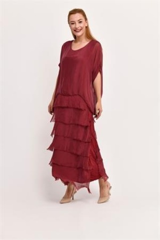 İtalyan 2 Beden Ince Gösteren Yarım Kol Kat Kat Ipek Elbise-8794 Bordo