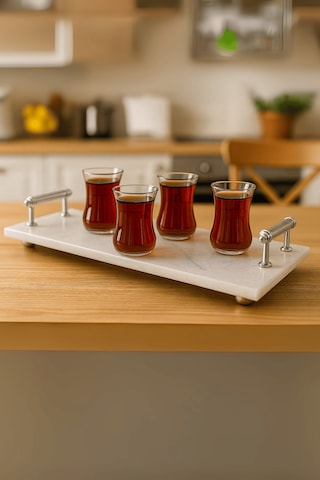 Gümüş Saplı Mermer Çok Amaçlı Sunum Tepsisi - Söz & Nişan Yüzük Tepsisi Beyaz- Altın