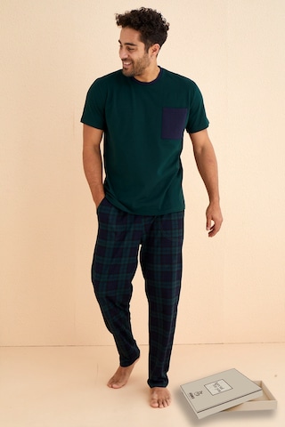 Kutulu- Premium Pamuklu Kısa Kollu Erkek Pijama Takımı- Ekose Babalar Günü Hediyesi Yesil