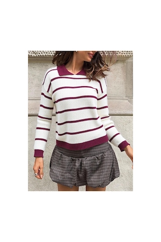 Meecy Selanik Örgü Polo Yaka Oversize Zr Model Kadın Triko Kazak Bej & Bordo Bej & Bordo