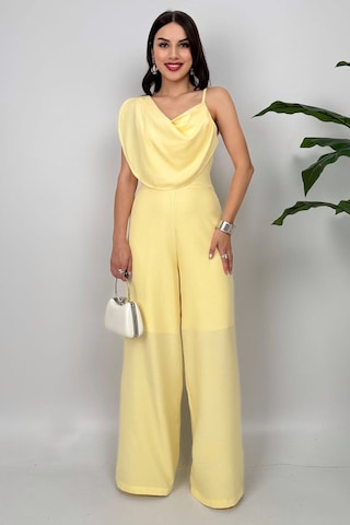 Élan Kadın Drapeli Detaylı Sarı Tulum Dokulu Kumaş Şıklığı Sarı