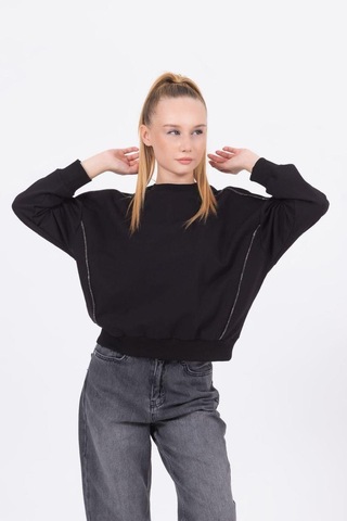 Kız Çocuk Sim Şeritli Taşlı Yarasakol Sweatshirt-13468 Siyah