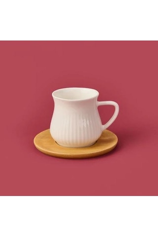 Mien-23403 Bambu Tabaklı 6lı Kahve Fincan Takımı Ahşap - Beyaz