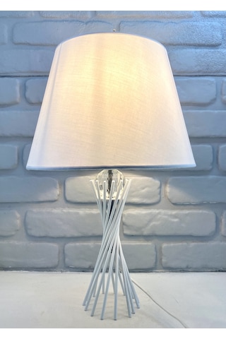 Beyaz Burgu Metal Ayaklı Kristal Cam Toplu Kumaş Şapkalı Abajur Beyaz