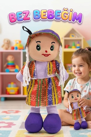 Yöresel Oyun Arkadaşım Büyük 45cm Yöresel Elbiseli Ve Şapkalı El Yapımı Oyuncak Bez Bebek Mor
