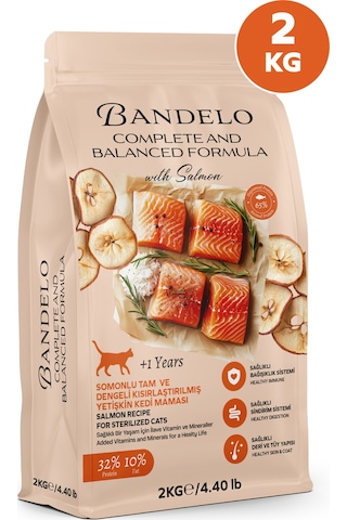 Bandelo Kısırlaştırılmış Somonlu Yetişkin Kuru Kedi Maması 2 Kg - Kilo Kontrolü, Tüy Sağlığı ve Koku Önleyici Etkili