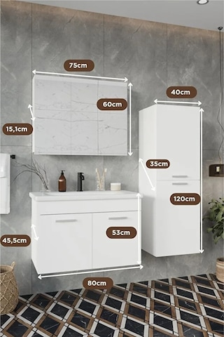 Defne 80 Cm %100 Mdf Banyo Dolabı Aynalı Dolaplı Üst Dolap Lavabo Boy Dolabı Beyaz