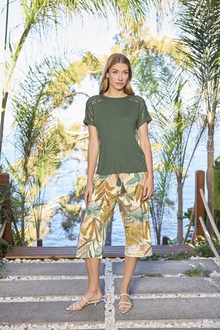 Monamise Kadın Yaprak Desenli Dantelli Kısa Kollu Büyük Beden Kapri Takımı 25093bat. Yeşil