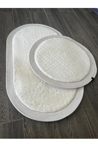 Melena Carpet Premium Kaymaz Taban Peluş Banyo Paspası Seti Jüt Kenar Detaylı 2 Li Oval Yuvarlak 100x60 60x60 Beyaz