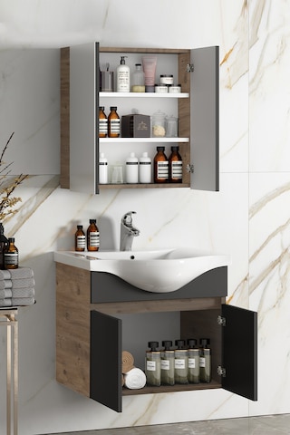 Yıldız 55+35 Cm Atlantik Çam- Antrasit Gri Mat Mdf Seramik Lavabo Antrasit - Atlantik Çam