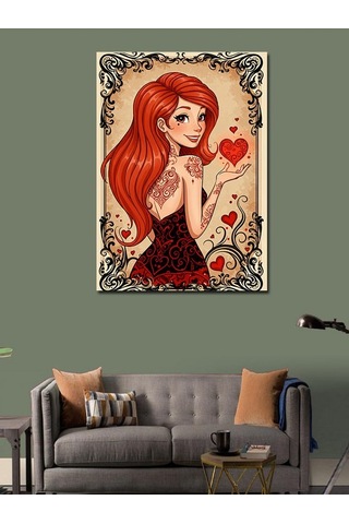Kanvas Tablo Kırmızı Saçlı Kadın Kalp 50cmx70cm