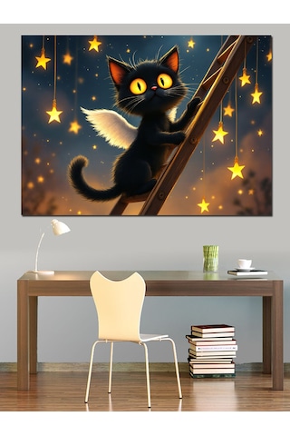 Yıldızlı Gece Kara Kedi Dekoratif Kanvas - Mdf Ahşap Tablo