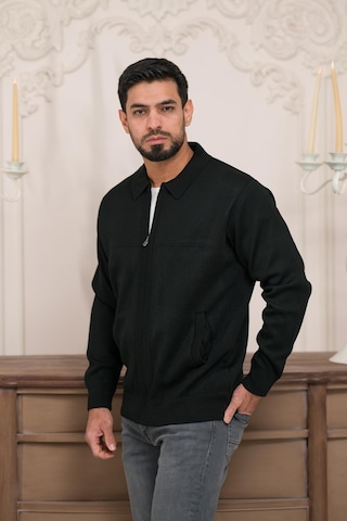 Woolen World Polo Yaka Fermuar Kapamalı Klasik Kesim Astarlı Çelik Örgü Hırka Siyah