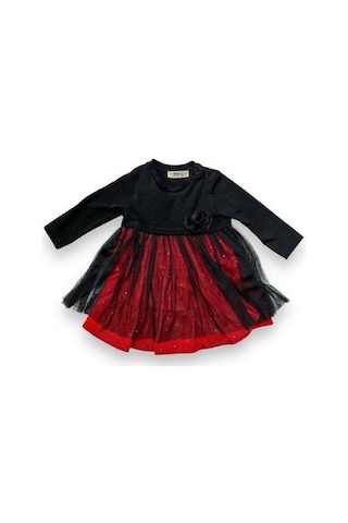 Çikoby Kız Bebek Gül Detaylı Kadife Taşlı Elbise-14901 Siyah