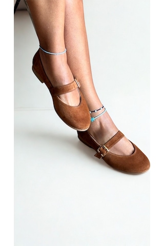 Ne&ve Shoes Taba Süet Hakiki Deri Yuvarlak Burunlu Tokalı Kadın Babet