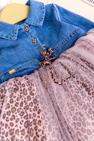 Baby Mod Denim Leopar Desenli 100% Pamuk Şık Özel Gün Kız Bebek Elbise Pembe