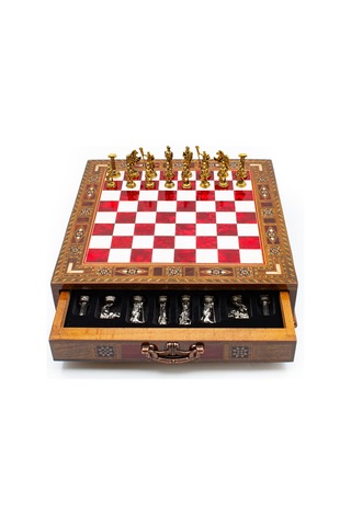 Saklamalı - 147 - Satranç Roma Oymalı Sc38s - 32cm, Kırmızı Tahta - Muratech - - Sc32k