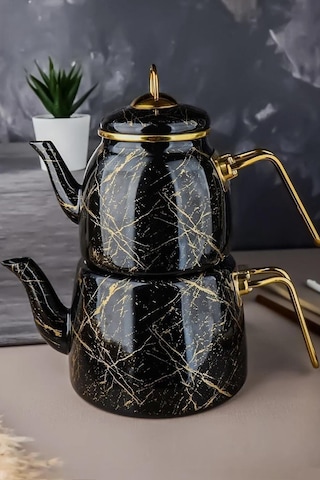 Nishev.com Evini Sev Elite Class Kırık Mermer Desenli Çaydanlık Siyah