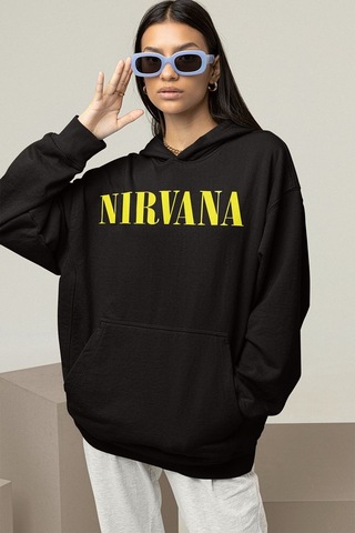 Sevbano Nirvana Yazılı Unisex Oversize Tasarım Hoodie Siyah